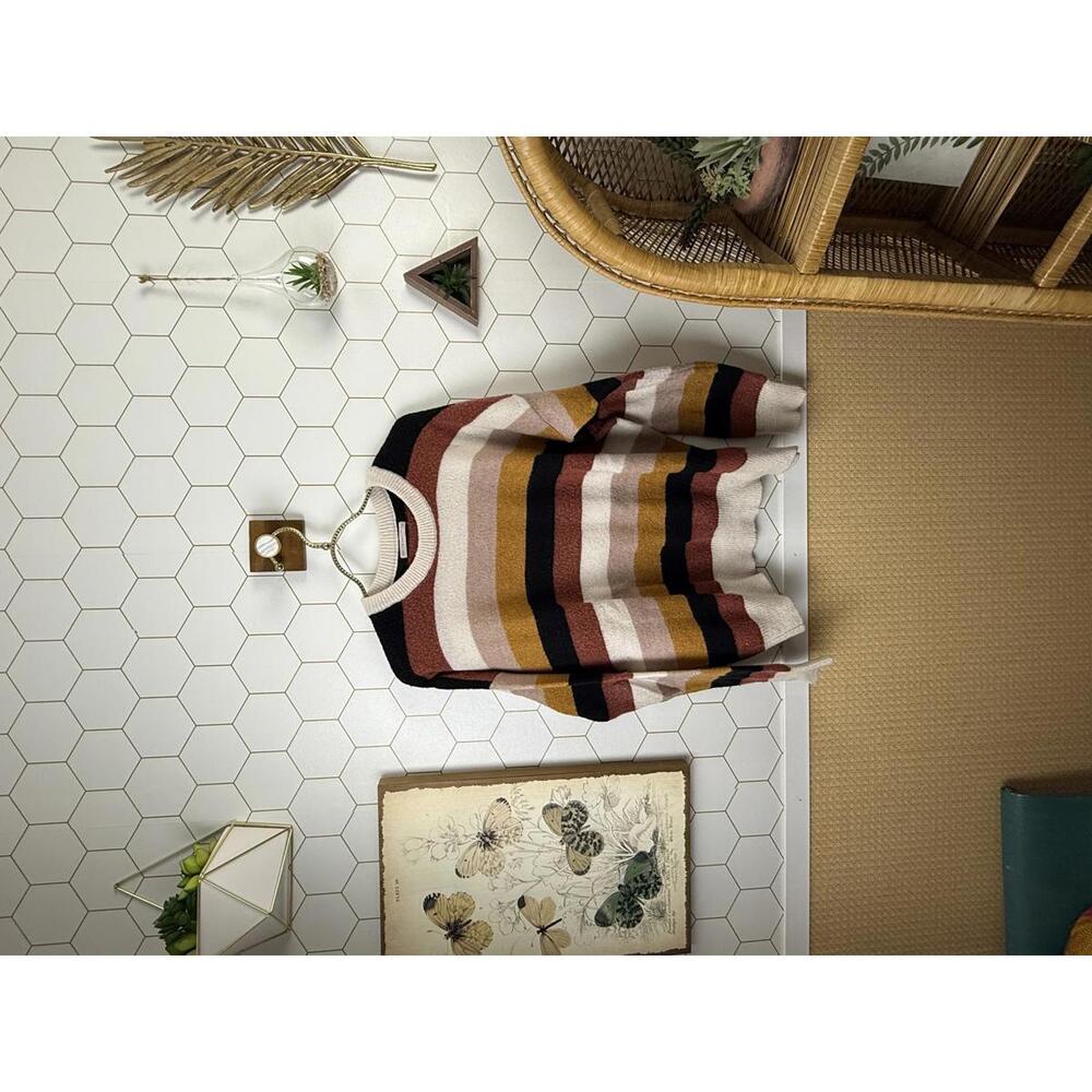 Active USA Tan Color Block Striped Knit Boxy Fit Sweater - Size - Large